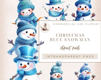 Watercolor Cute Blue Snowman Clipart Bundle, Watercolor clipart, Commercial Use, Blue Christmas Clipart, Card Making, Christmas Journal