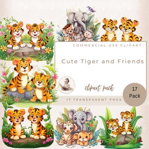 Clipart di un tigrotto, uso commerciale, clipart di un acquerello, lavoretti di carta, clipart di una tigre carina, clipart di animali, clipart di un tigrotto in formato PNG, migliori amici