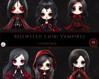 Chibi Bejeweled Vampires Clipart, Halloween Clipart, Halloween Cute Spooky Trick-or-Treat, Chibi Halloween, Commercial Use, Digital Crafts