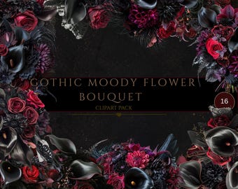 Gothic Wedding Clipart, Gothic Dark Moody Floral Bouquet, Flower Clipart, Dark Florals, Moody Flowers, Roses Clipart, Commercial Use