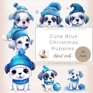 Lindo perro de invierno, clipart de Navidad, clipart de un paraíso invernal, gorro de Papá Noel, uso comercial, creación de tarjetas, clipart de cachorros navideños