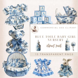 Toile De Jouy Clipart, French Vintage Nursery Elements, Blue Baby Girl Shower, Baby Nursery Clipart, Blue Toile Nursey Images, Digi Craft