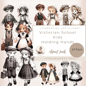 Clipart victoriano minimalista, clipart de niños victorianos tomados de la mano, ilustraciones de regreso a clases, gráficos infantiles, clipart de mejores amigos