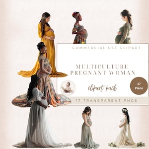 Clipart de mulher grávida, clipart de chá de bebê Mulher grávida multicultural, clipart de maternidade, ilustrações de gravidez, uso comercial