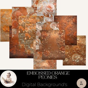 Elegante geprägte orange Pfingstrosen Digitale Papiere, rustikale Textur Hintergründe, Hochzeit Junk Journal, elegante Blumenhintergründe, kommerzielle Nutzung