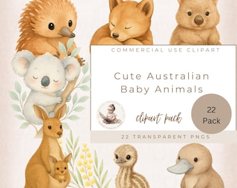 Imágenes prediseñadas de animales australianos bebés, lindas imágenes PNG de fauna silvestre en acuarela: koala, canguro, wombat, ornitorrinco, emú, dingo. Set de arte infantil y álbum de recortes.