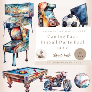 May include: A watercolor illustration clipart pack of 25 transparent PNGs featuring a pool table, pinball machines, a motorcycle, a soccer ball, and a baseball. The clipart pack is for commercial use.