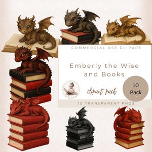 May include: Digital clipart featuring various dragons perched on stacks of books. The dragons are in shades of brown, red, and black, with detailed wings and scales. The text "Emberly the Wise and Books" is also included.