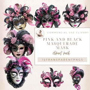 Roze en zwart maskeradefeest masker, maskerade clipart, maskeradefeest, Mardi Gras clipart, Venetiaans masker, commercieel gebruik, digitale ambacht
