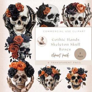 Skeleton Clipart, Gothic Rose Clipart, Flower Skull Clipart, Floral Skull Clipart, Gothic Rose Png, Skull with Flowers, Commercial Use,