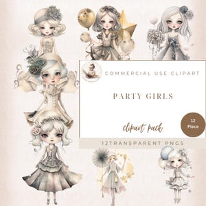 Fêtardes, clipart anniversaire fille, clipart nouvel an, ballon PNG, clipart célébration, clipart fête, usage commercial, téléchargement numérique
