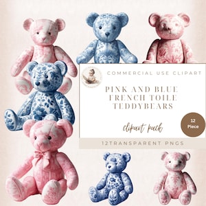 Blau Toile Teddybär, Rosa Toile Teddybär, Teddybär Clipart, Französisch Toile, Baby Shower Clipart Kommerzielle Nutzung, Digitales Kunsthandwerk