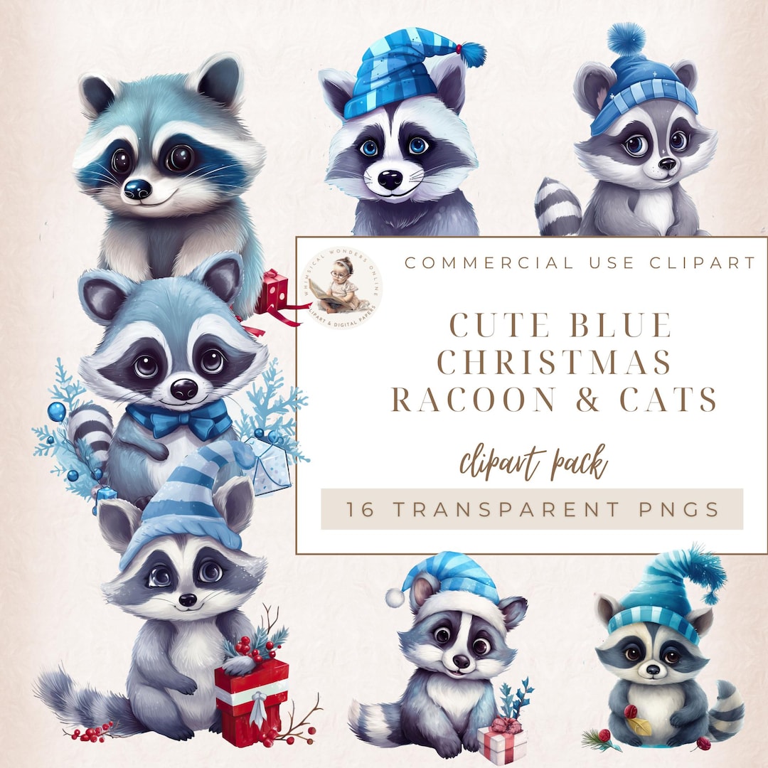 Cute Baby Racoons Clipart, Racoon Clipart, Blue Christmas Clipart ...