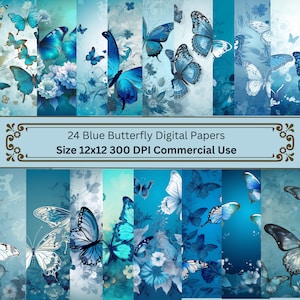 Papiers numériques papillon bleu, motif transparent papillon aquarelle, papiers de fond, JPG 300 DPI, usage commercial, journal indésirable