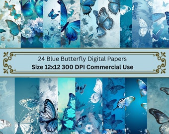 May include: 24 digital papers featuring blue butterflies on a blue and white floral background. The papers are 12x12 inches and 300 DPI. Commercial use is allowed.