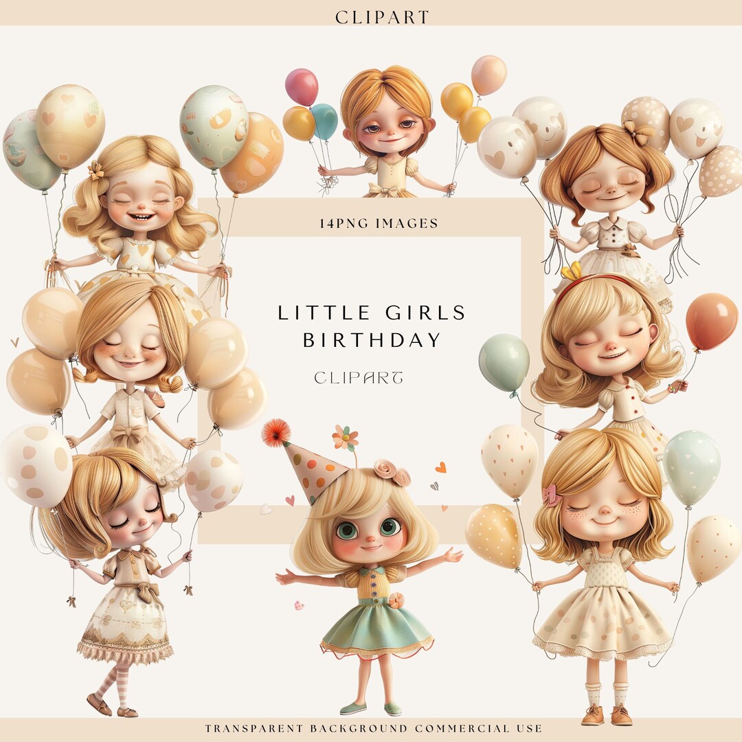Little Girls Birthday Clipart, Girl Holding Balloons, Girl Clipart, Birthday Clipart, Commercial
