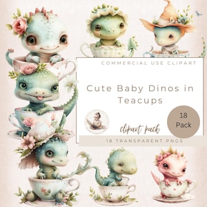 Clipart di un simpatico dinosauro, dinosauri in tazze da tè, dinosauri per il compleanno, baby shower a tema dinosauro, decorazioni per la cameretta dei bambini, uso commerciale, artigianato digitale