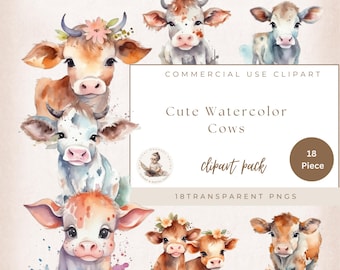 Cute Cow Clipart, Digital Download, Watercolor Clipart, Animal Clipart, Card Making, Commercial Use, PNG, Digital Paper Craft, Cow Clipart