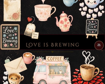 Imágenes prediseñadas de "El amor está en ebullición", tazas de café y té en acuarela con forma de corazón y elementos románticos para cafeterías, archivos PNG para bodas y el Día de San Valentín.