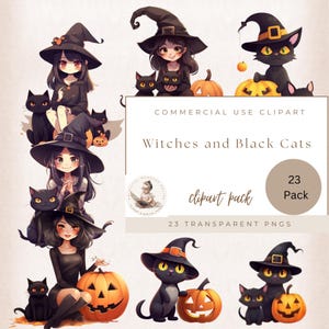 Imágenes prediseñadas de brujas y gatos negros, imágenes prediseñadas de acuarela, imágenes prediseñadas de brujas, imágenes prediseñadas de gatos negros, imágenes prediseñadas de Halloween, uso comercial, creación de tarjetas