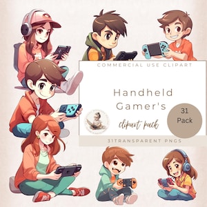 Clipart di bambini che giocano a videogiochi portatili, raccolta di PNG di bambini che giocano a videogiochi, ragazzo e ragazza che giocano a videogiochi, arte digitale per planner, adesivi, uso per sublimazione