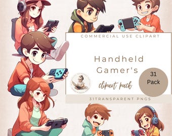 Kids Playing Handheld Game Clipart, Cute Gaming Kids PNG Bundle, Video Game Boy & Girl, Digital Art for Planners, Stickers, Sublimation Use