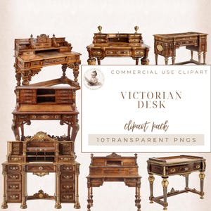 Puede incluir: Un conjunto de 10 escritorios de estilo victoriano en varios estilos y tamaños. Los escritorios están hechos de madera y tienen intrincados tallados y detalles. Todos están en un acabado de madera oscura y tienen detalles dorados. Los escritorios son perfectos para agregar un toque de elegancia a cualquier oficina en casa o estudio.