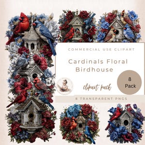 Casetta per uccelli con fiori Cardinals, Clipart per baby shower, Clipart per uccelli, Grafica per casetta per uccelli, Effimere di uccelli, Uso commerciale, Creazione di biglietti, Artigianato digitale
