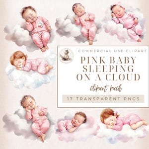 Aquarela linda bebê rosa meninas dormindo nas nuvens clipart, clipart de chá de bebê, bebês recém-nascidos, confecção de cartões, uso comercial, álbum de recortes