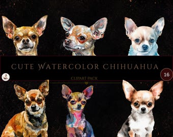 Aquarell-Chihuahua-Cliparts, Porträts von niedlichen Chihuahuas, Haustier-Cliparts, Hundeliebhaber, Welpenillustrationen, Kommerzielle Nutzung, Digitale Bastelarbeiten