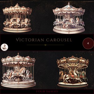 May include: Four distinct Victorian carousel models featuring ornate canopies and detailed horses in various poses. The central text reads VICTORIAN CAROUSEL, with a small circular icon on the left and the number 4 inside a circle on the right.