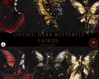 Gothic Clipart, Butterfly Girl, Fantasy Clipart, Goth Dark Butterfly Fairy, Fairy Tale Clipart, Watercolor, Mystical Clipart, Commercial Use