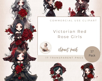 Clipart di ragazze vittoriane, clipart di ragazze gotiche, clipart di matrimonio, clipart di San Valentino, uso commerciale, ragazza gotica, creazione di biglietti, ragazza con rosa rossa