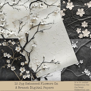 Schwarzweiße geprägte Blumen auf einem Ast Digitales Papier, Digitale Texturhintergründe, Hochzeit Junk Journal, Elegante Blumenhintergründe