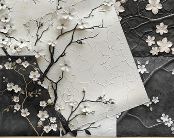 Black and White Embossed Flowers on a Branch Digital Paper, Digital Texture Backgrounds, Wedding Junk Journal, Elegant Floral Backgrounds