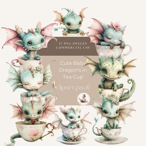 Clipart di drago bambino, drago bambino in tazza da tè, clipart di baby shower, clipart stravaganti, clipart fantasy, clipart del primo compleanno, uso commerciale