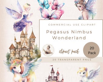 Pegasus Clipart, Fairy Clipart, Whimsical Clipart, Fantasy Clipart, Commercial Use, Pegasus Wonderland, Card Making, Princess Castle Clipart