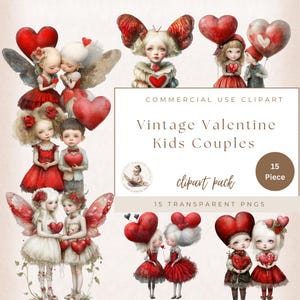 Vintage Valentijn-koppels, vintage liefdeshart ballonnen, liefde clipart, romantiek clipart, commercieel gebruik, Valentijn clipart digitale ambachten