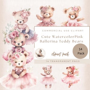 Watercolor Ballerina Teddy Bear, Pink Ballerina Digital Images, Ballerina Scrapbooking, Commercial Use, Teddy Bear Girls Nursery Wall Art