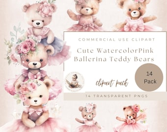 Watercolor Ballerina Teddy Bear, Pink Ballerina Digital Images, Ballerina Scrapbooking, Commercial Use, Teddy Bear Girls Nursery Wall Art
