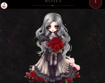 Clipart di ragazza gotica, ragazza gotica che tiene in mano rose rosse, bambole di carta, clipart di fiabe, clipart dark fantasy, clipart ad acquerello, uso commerciale