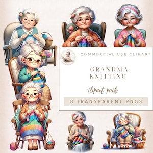 Grandma Kitting Clipart, Knitting Clipart, Wool Clipart, Grandma Clipart, Senior Clipart, Commercial Use, Digital Crafts, Granny Knitting