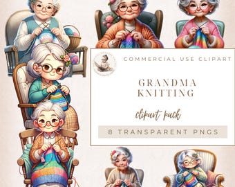 Op de afbeelding: Een set van acht digitale clipart-afbeeldingen met oma's die breien. De oma's worden afgebeeld in verschillende poses en dragen verschillende kleding. De afbeeldingen zijn in cartoon-stijl en hebben een speelse uitstraling. De tekst "Grandma Knitting clipart pack 8 transparent PNGs" wordt weergegeven op een bruine achtergrond.