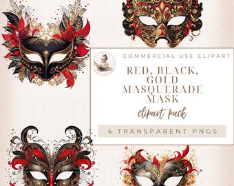 Masquerade Clipart, Party Mask, Anniversary Mask, Ball Mask, Masquerade Party, Commercial Use, His & Hers Masquerade Masks, Red, Black Gold