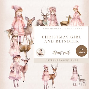 Niedliche Aquarell Weihnachten Mädchen & Rentier Clipart, Bester Freund Clipart, Weihnachtskarten, Weihnachtscliparts, Rentier Clipart, kommerzielle Nutzung