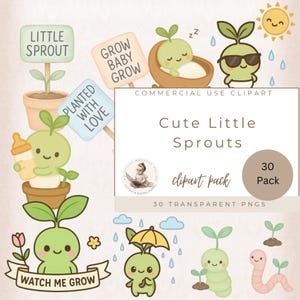 Niedliche kleine Sprossen Clipart Bundle, Kawaii Garten Baby Sprossen PNG, Pastell Pflanzen Charaktere, Kindergarten Art digitale Aufkleber, Baby-Einladungen