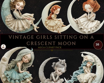 May include: A digital clipart collection featuring six illustrations of figures with various hair colors sitting on crescent moons. The text VINTAGE GIRLS SITTING ON A CRESCENT MOON MEGA CLIPART PACK 16 is displayed in the center against a dark background.