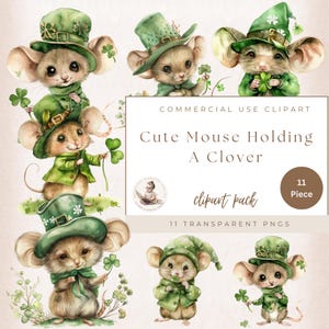 Lindo ratón del día de San Patricio, clipart de ratón de acuarela, PNG transparente, gráficos de ratón, uso comercial, creación de tarjetas, ratón sosteniendo trébol