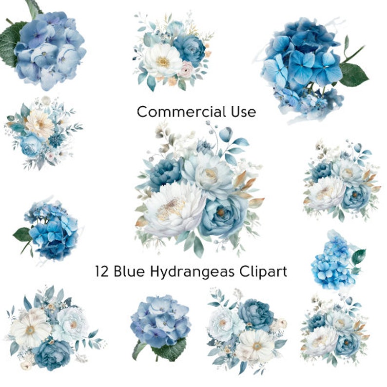 Blue Watercolor Floral Hydrangea Clipart Pack Clip Art for - Etsy