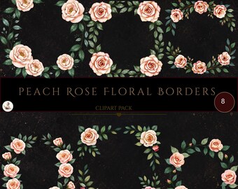 Bordas de rosas cor de pêssego, molduras de flores, PNG transparente, para confecção de cartões, clipart floral em aquarela.